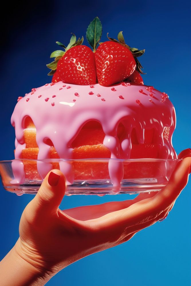 Strawberry cake dessert holding.