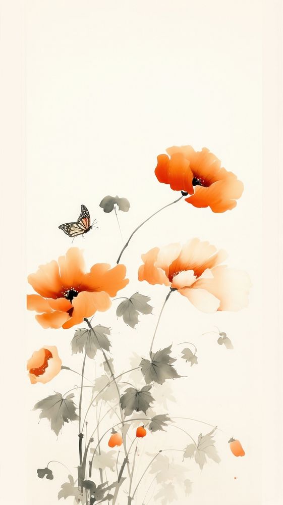 Flowers with butterfly painting poppy plant.
