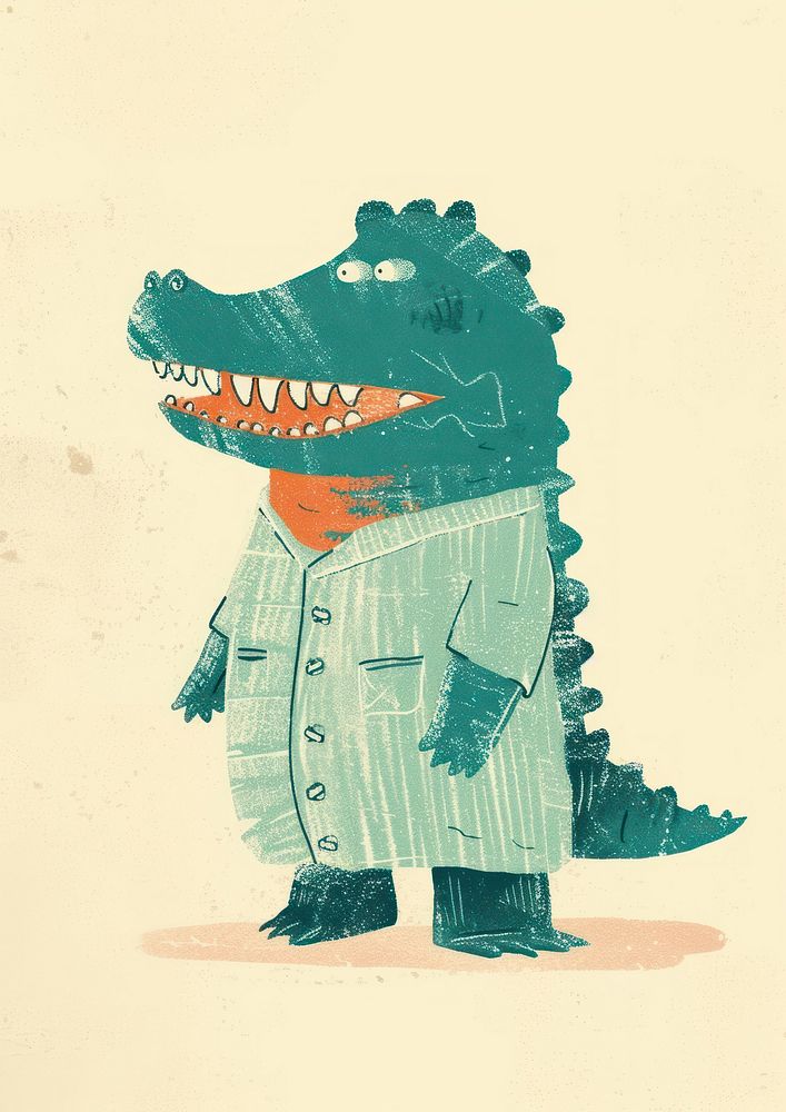 Risograph printing an illustration of a cartoon crocodile as dentist animal representation creativity.