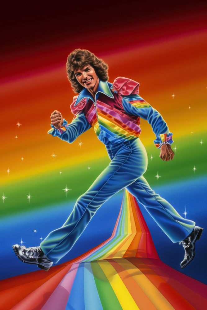 A gay man wearing a 1970s-fashion style outfit carrying a rainbow flag art dancing adult.