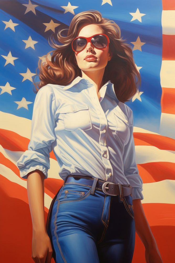 A student wearing a 1970s-fashion style outfit carrying a flag sunglasses portrait adult.