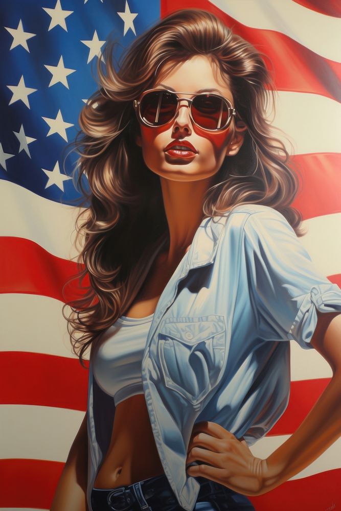 A student wearing a 1970s-fashion style outfit carrying a flag sunglasses portrait adult.