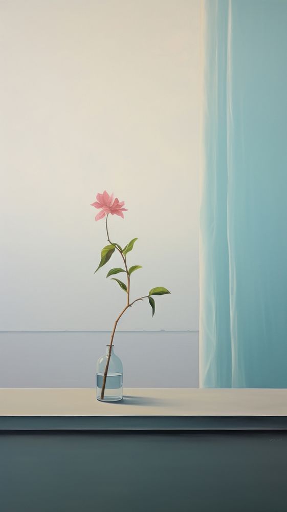 A flower plant on the table next to the window with sky background painting windowsill fragility.