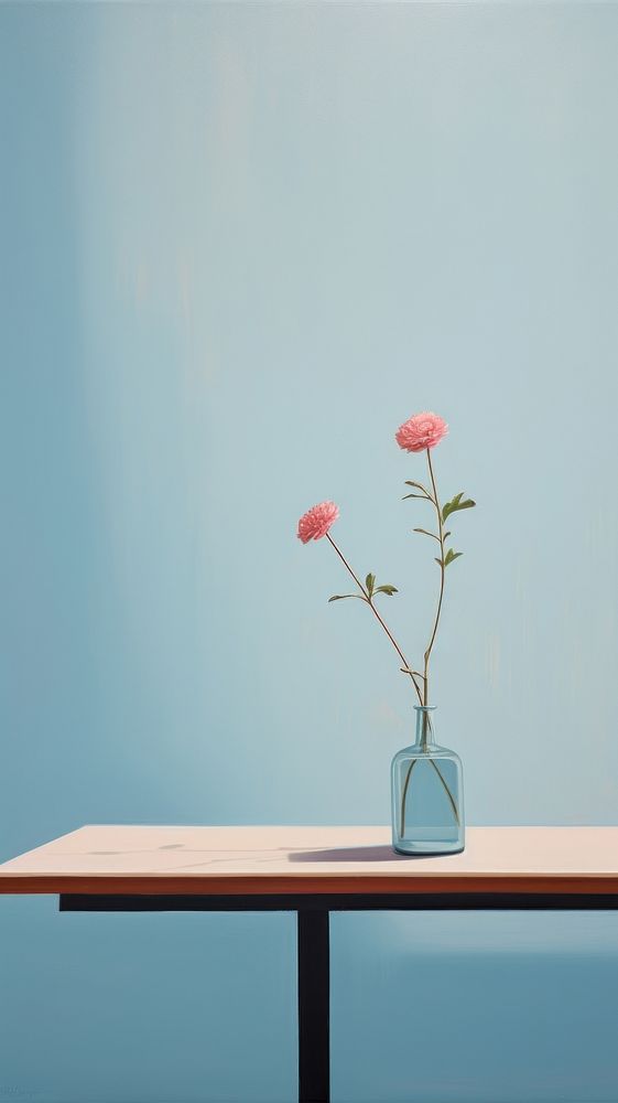 A flower plant on the table next to the window with sky background furniture fragility freshness.