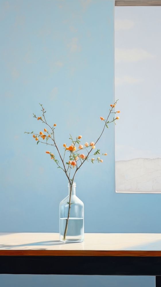A flower plant on the table next to the window with sky background vase houseplant decoration.