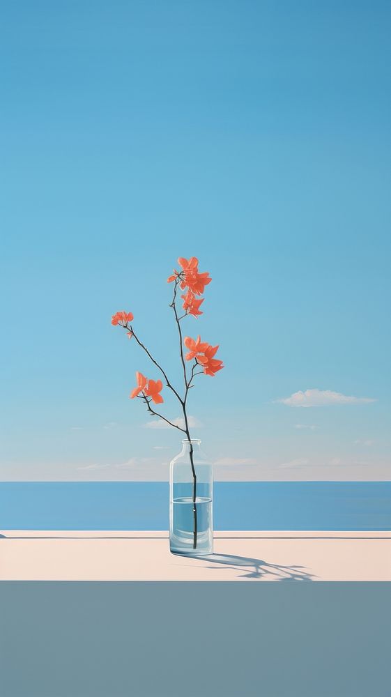 A flower plant on the table next to the window with sky background outdoors horizon nature.