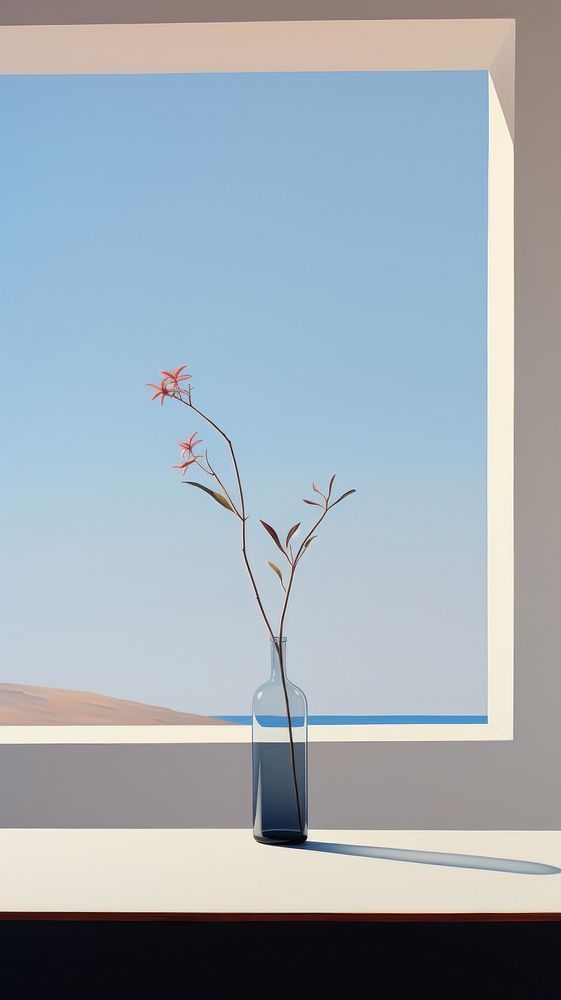 A flower plant feather on the table next to the window with sky background painting vase tranquility.