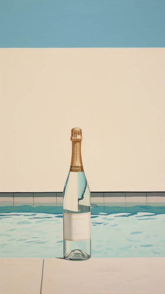 Champagne bottle on the poolside painting glass drink.