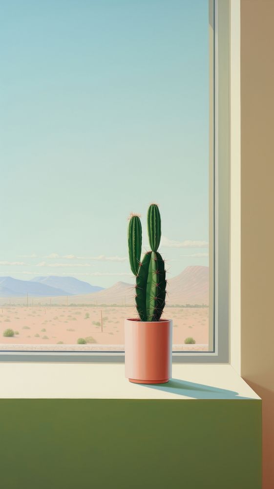 Potted cactus on the window with desert background windowsill plant architecture.