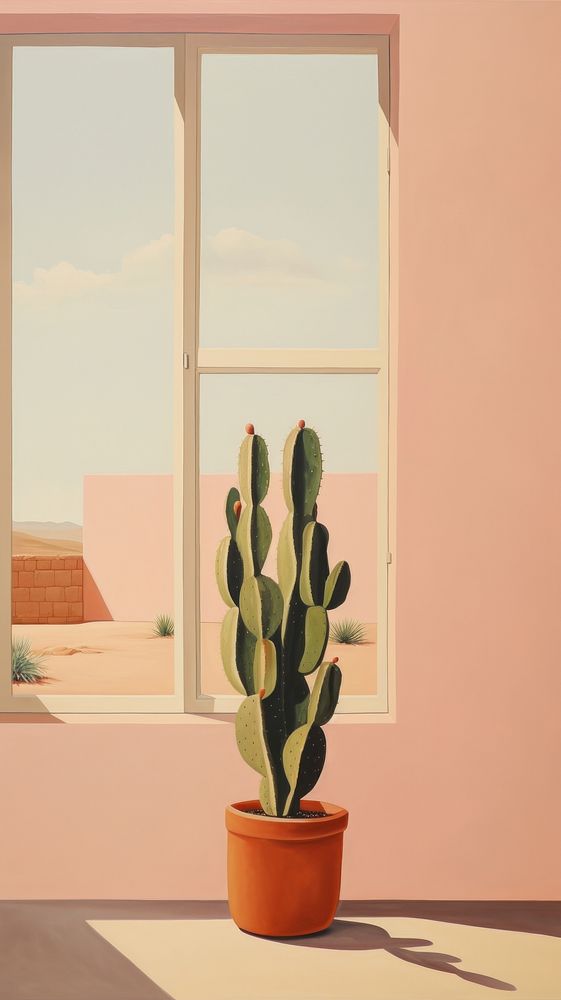 Potted cactus on the window with desert background windowsill painting plant.