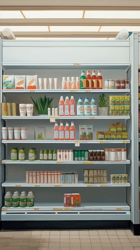 Shelves in the supermarket refrigerator pantry shelf.