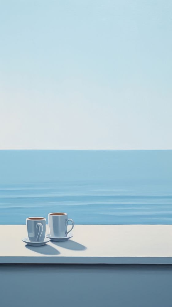 A two coffee cup on the window sill with sea background horizon nature drink.