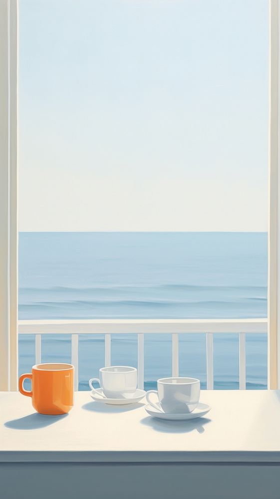 A two coffee cup on the window sill with sea background architecture windowsill drink.