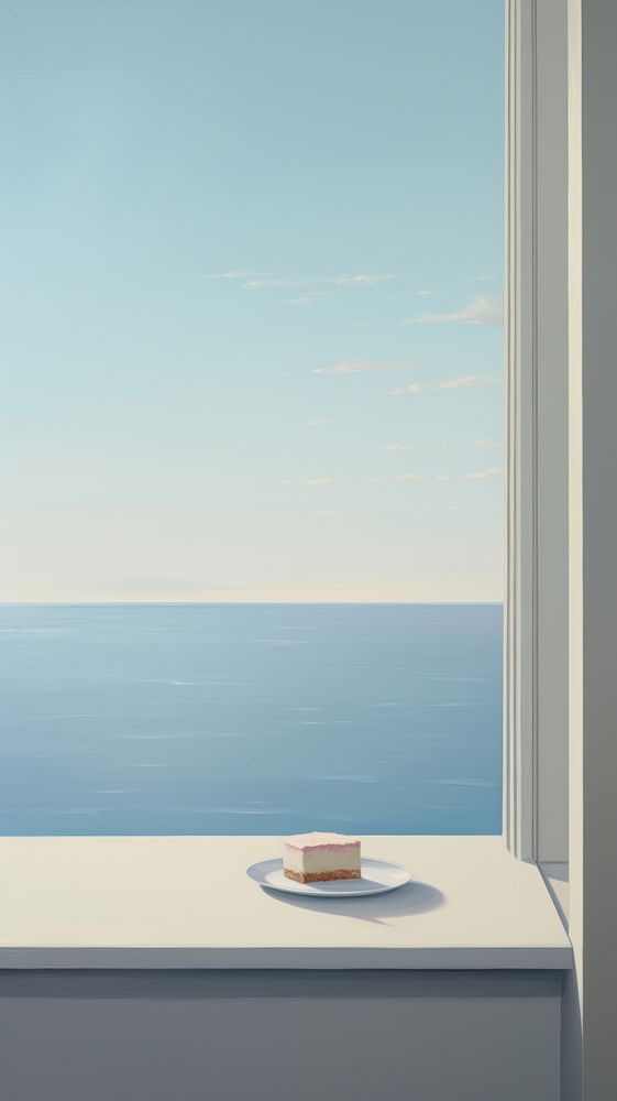 A cake in plate on the window sill with sea background windowsill horizon nature.