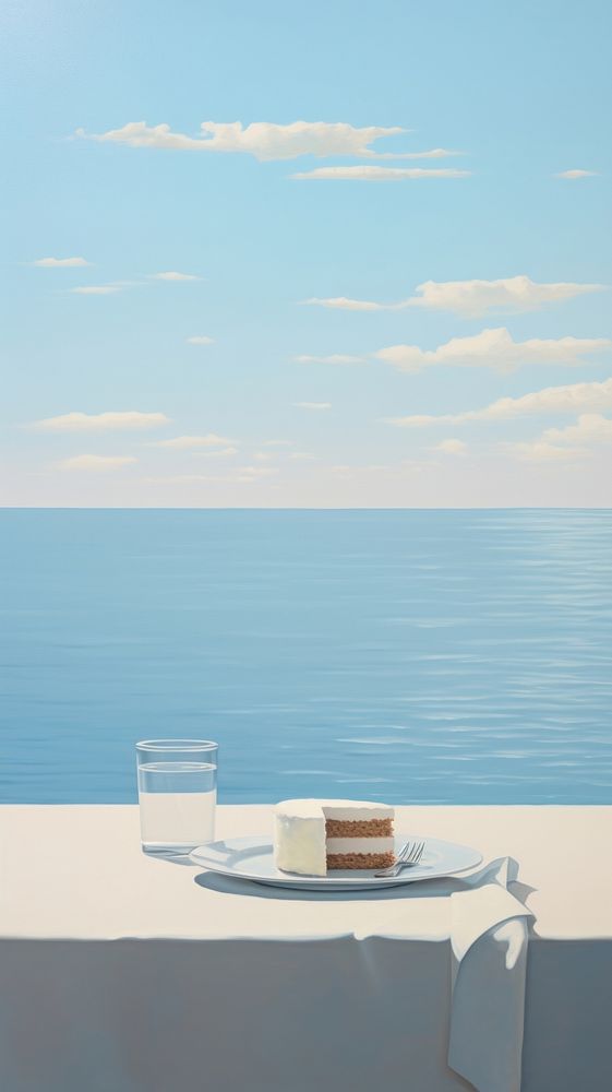 A cake in plate on the window sill with sea background outdoors horizon nature.