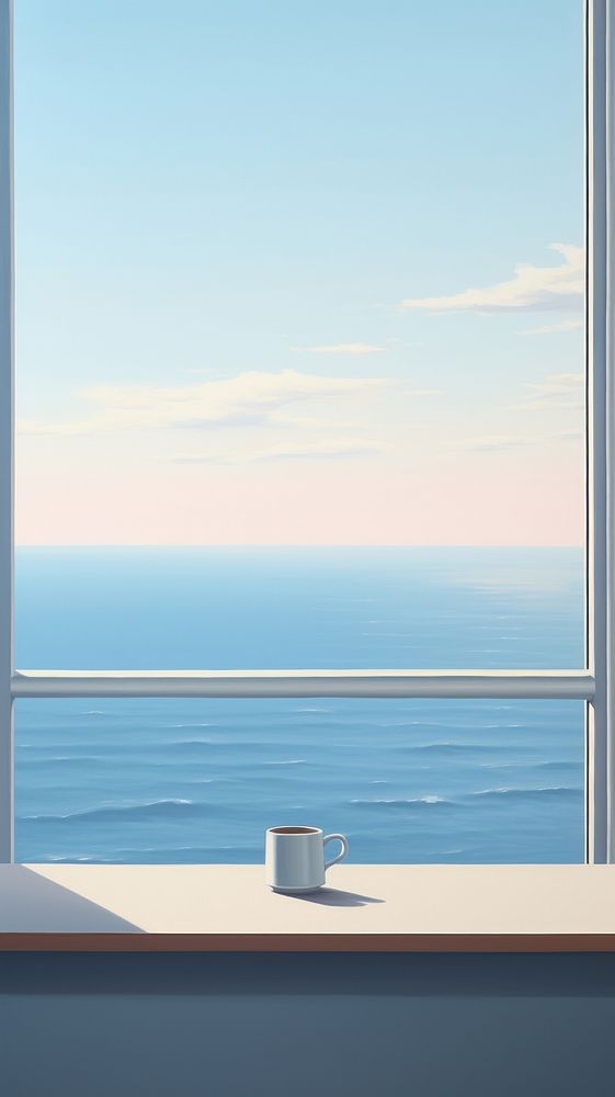 A coffee on the window sill with sea background windowsill cup mug.