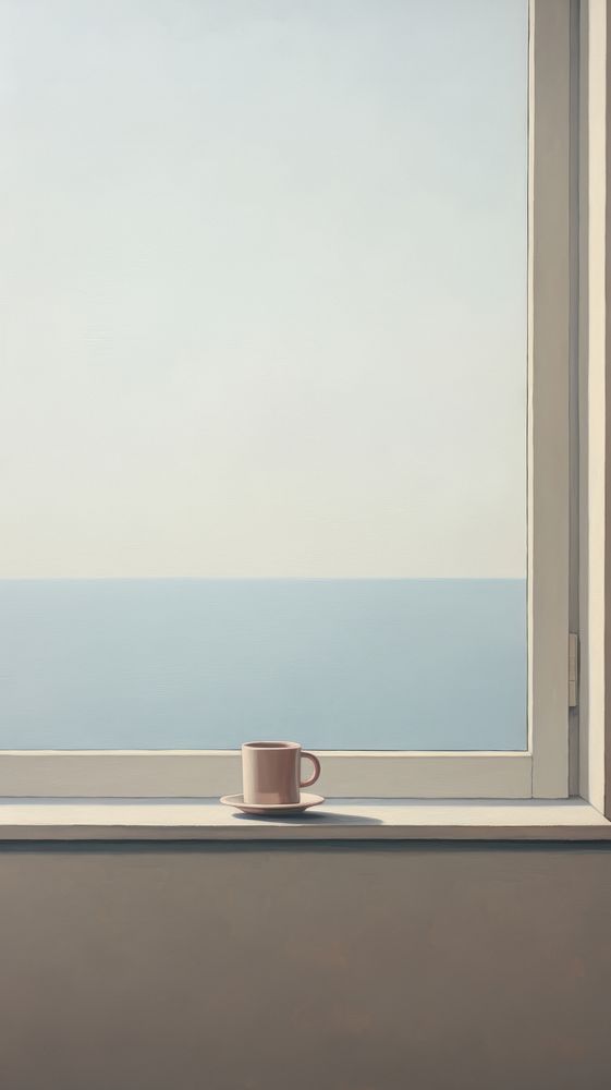 A coffee on the window sill with sea background windowsill cup mug.