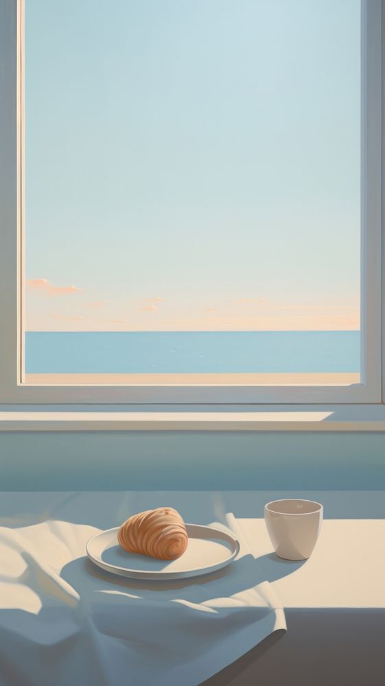 A croissant in plate on the window sill with sea background furniture table cup.