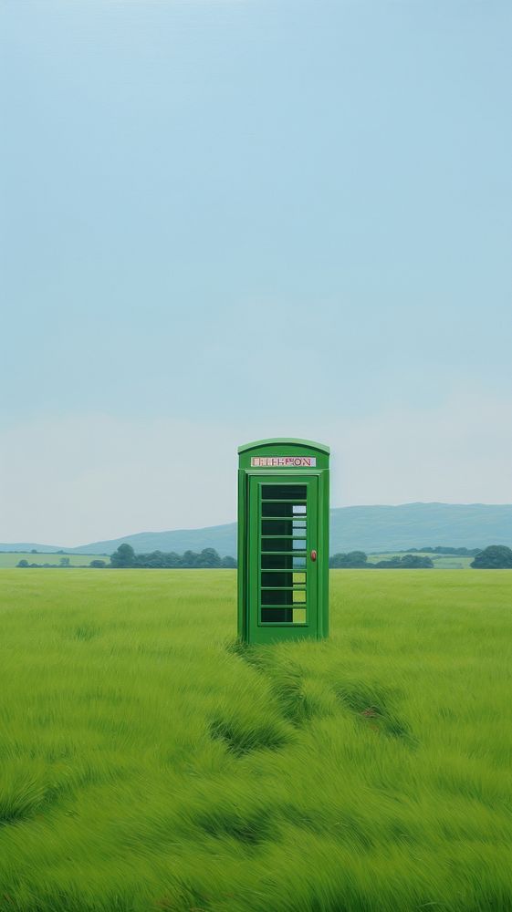 Red public telephone booth field green architecture.