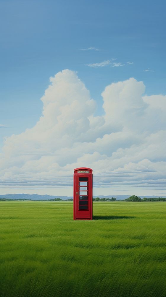 Red public telephone booth outdoors grass field.
