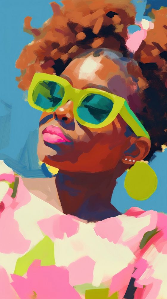 American-african woman wearing sunglasses painting art portrait. 