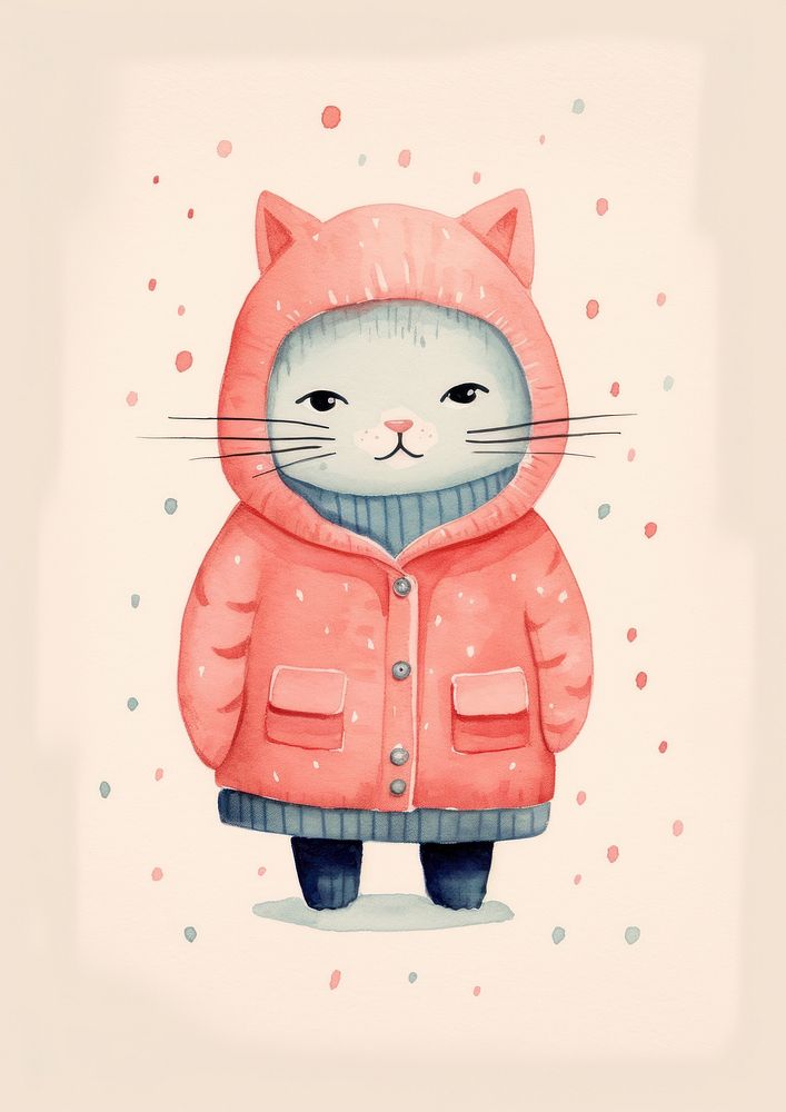 Risograph printing illustration minimal of a cute cat wearing winter costume art drawing mammal.