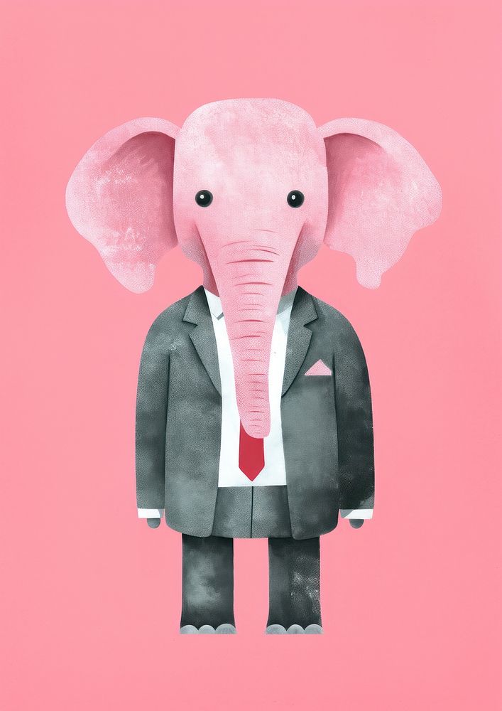 Risograph printing illustration minimal of a cute elephant as business man animal art wildlife.