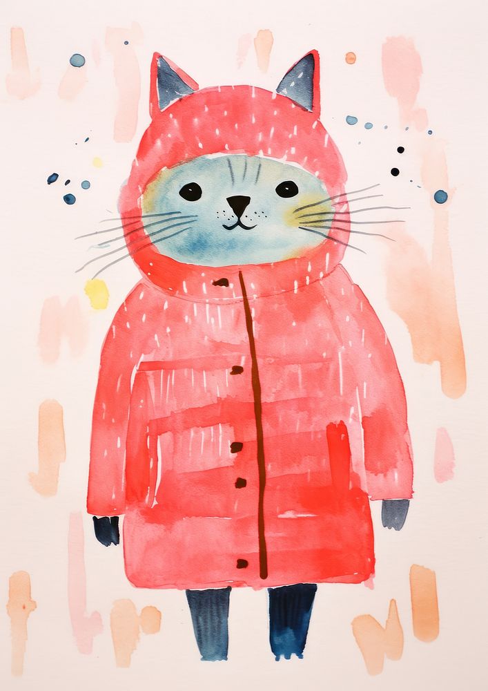 Risograph printing illustration minimal of a cute cat wearing winter costume art painting anthropomorphic.