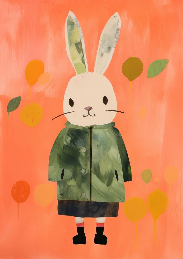 Risograph printing illustration minimal of a cute rabbit wearing autumn costume art painting animal.
