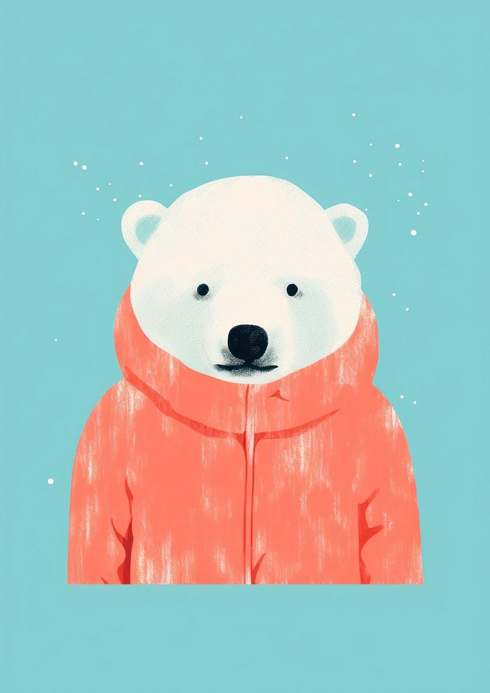 Risograph printing illustration minimal of a cute polar bear wearing winter costume animal mammal representation.