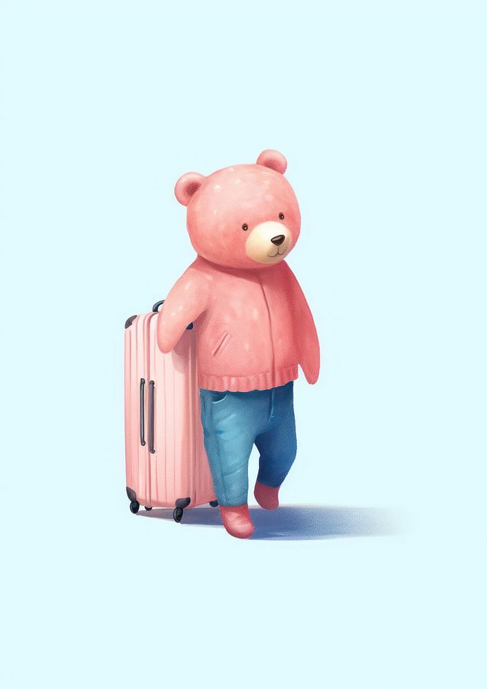 Risograph printing illustration minimal of a cute bear with luggage bag representation suitcase standing.