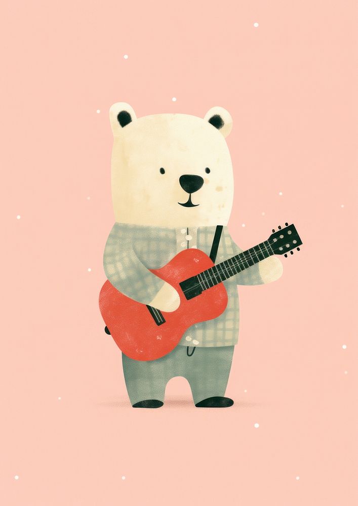 Risograph printing illustration minimal of a cute bear playing guitar toy anthropomorphic representation.