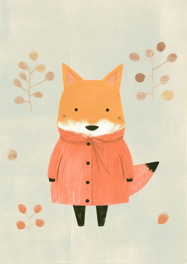 Risograph printing illustration minimal of a cute fox wearing autumn costume animal art anthropomorphic.