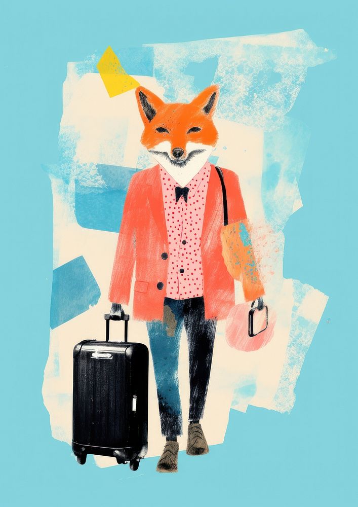Risograph printing illustration minimal of a cute fox luggage suitcase animal.