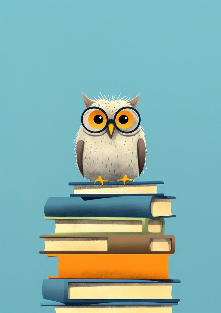 Risograph printing illustration minimal of a cute owl teacher animal book publication.