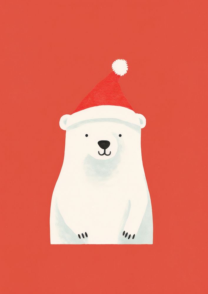 Risograph printing illustration minimal of a cute polar bear wearing santa hat animal snowman mammal.