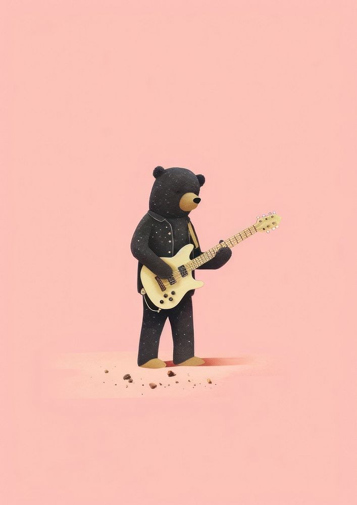 Risograph printing illustration minimal of a cute bear playing guitar musician performance creativity.