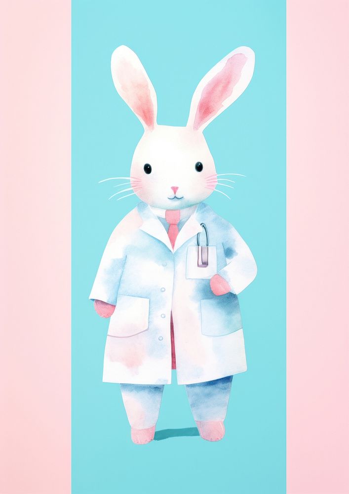 Risograph printing illustration minimal of a cute rabbit doctor representation portrait standing.