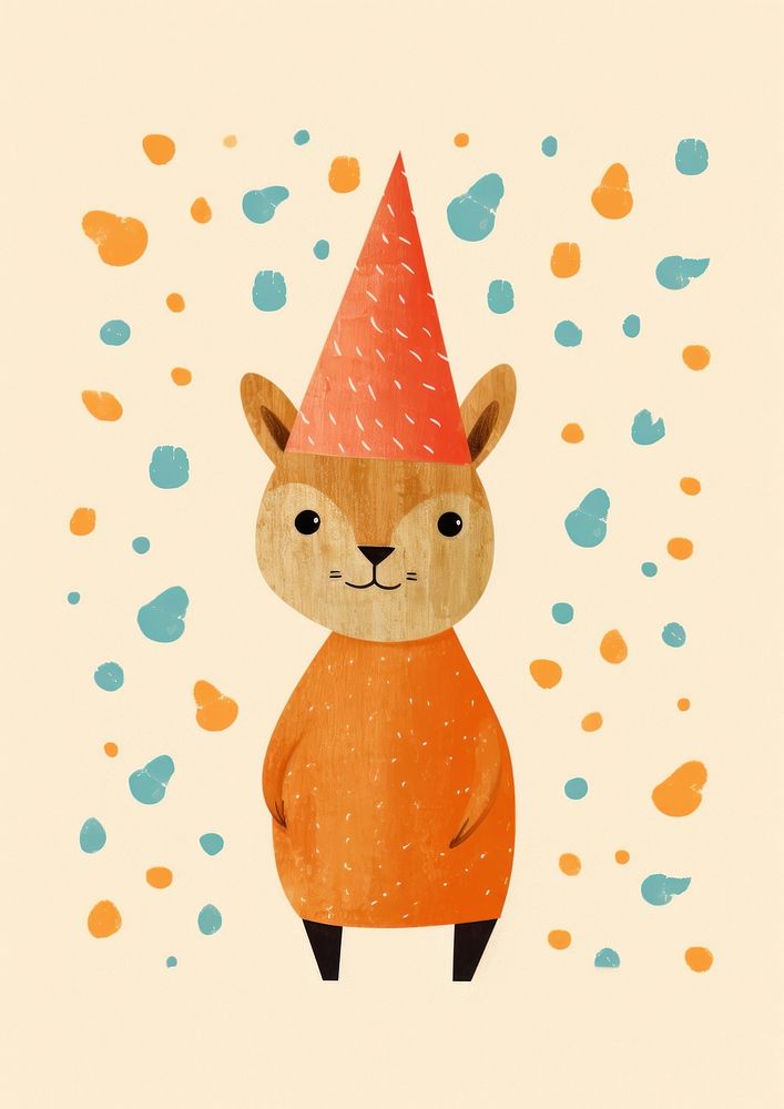 Risograph printing illustration minimal of a cute squirrel wearing autumn costume animal nature art.