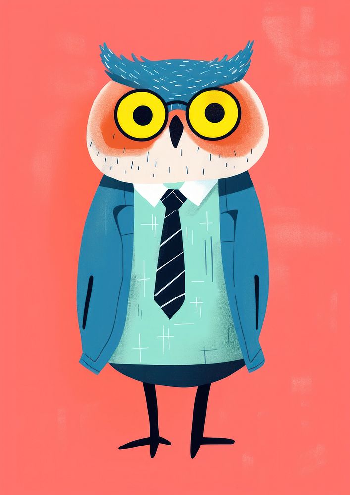 Risograph printing illustration minimal of a cute owl teacher art cartoon animal.