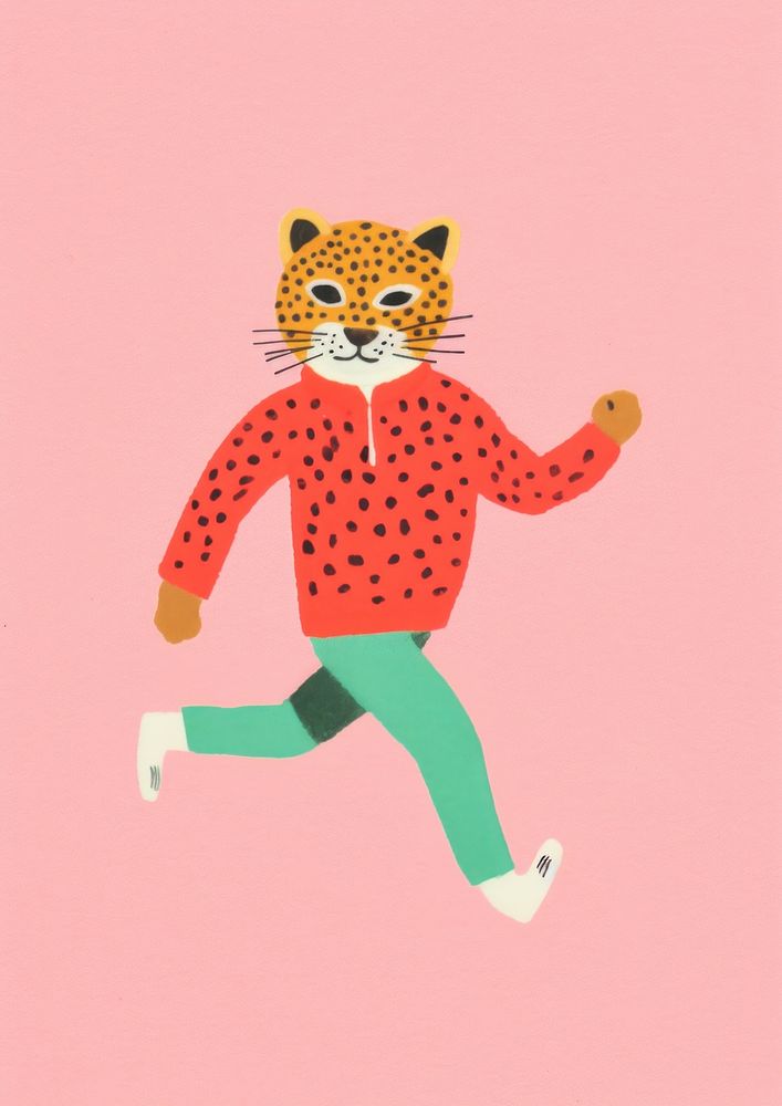 Risograph printing illustration minimal of a cute cheetah jogging animal art leopard.