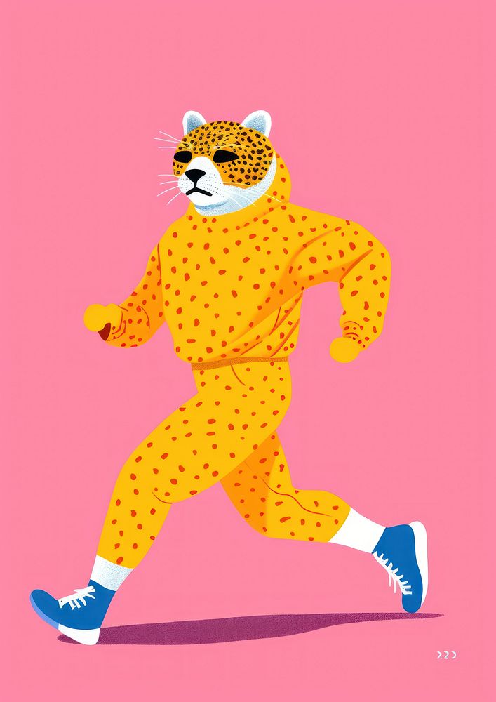 Risograph printing illustration minimal of a cute cheetah jogging cartoon mammal animal.