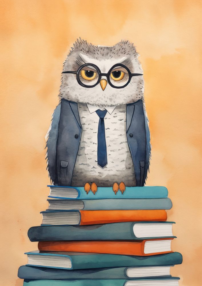 Risograph printing illustration minimal of a cute owl teacher animal art bird.