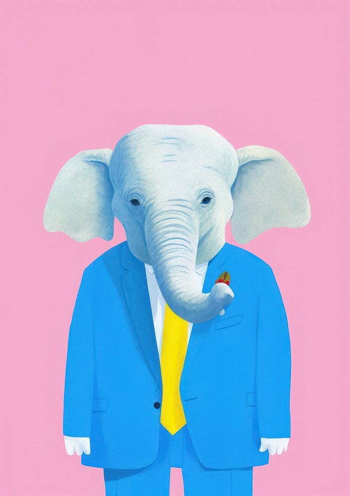 Risograph printing illustration minimal of a cute elephant as business man animal wildlife mammal.