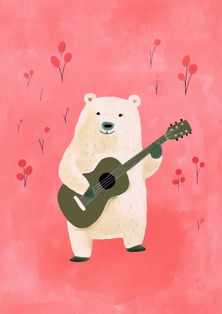 Risograph printing illustration minimal of a cute bear playing guitar mammal animal art.