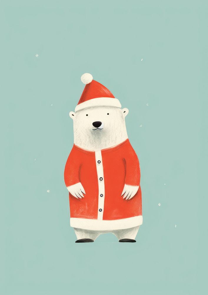 Risograph printing illustration minimal of a cute polar bear wearing santa hat snowman winter anthropomorphic.