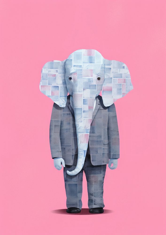 Risograph printing illustration minimal of a cute elephant as business man mammal animal adult.