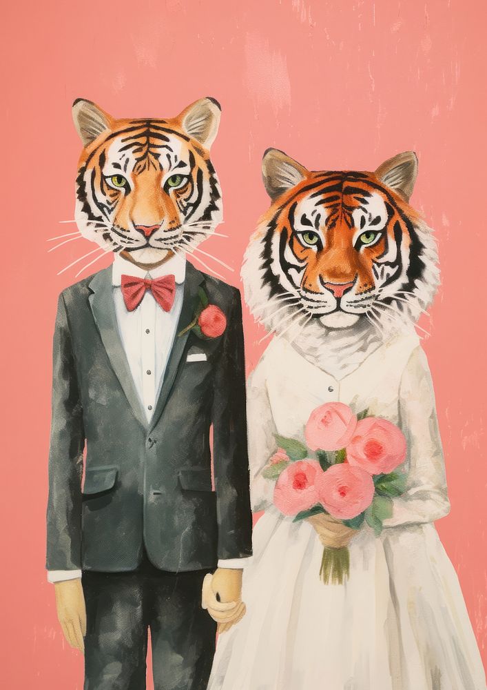 Risograph printing illustration minimal of a cute tiger couple wearing wedding costume animal mammal flower.