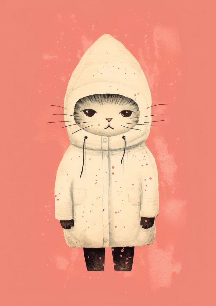 Risograph printing illustration minimal of a cute cat wearing winter costume hood art anthropomorphic.