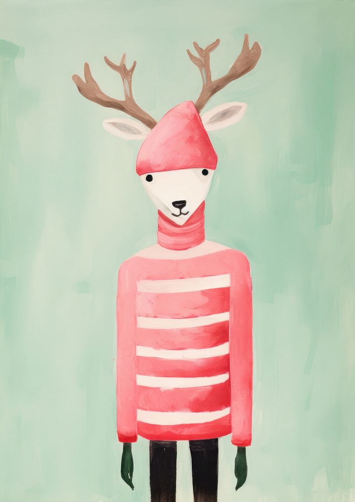Risograph printing illustration minimal of a cute deer wearing santa hat animal art painting.